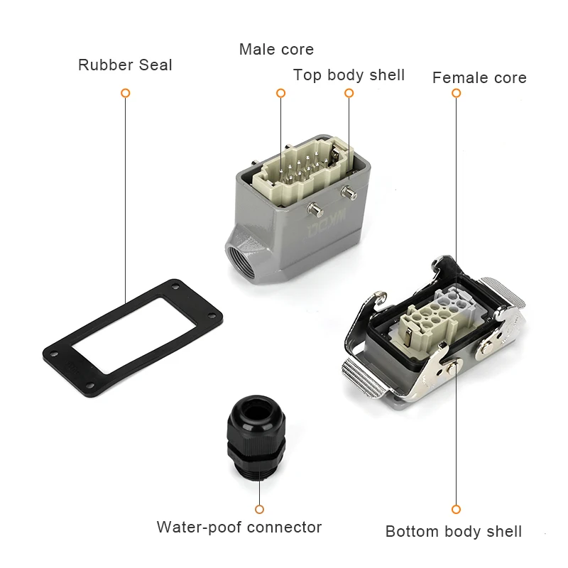 HDC HE Heavy Duty Connector 6/10/16/24/32/48 Core Pin Top/Side Outlet Aviation Plug Rectangular Waterproof Electrical Wiring