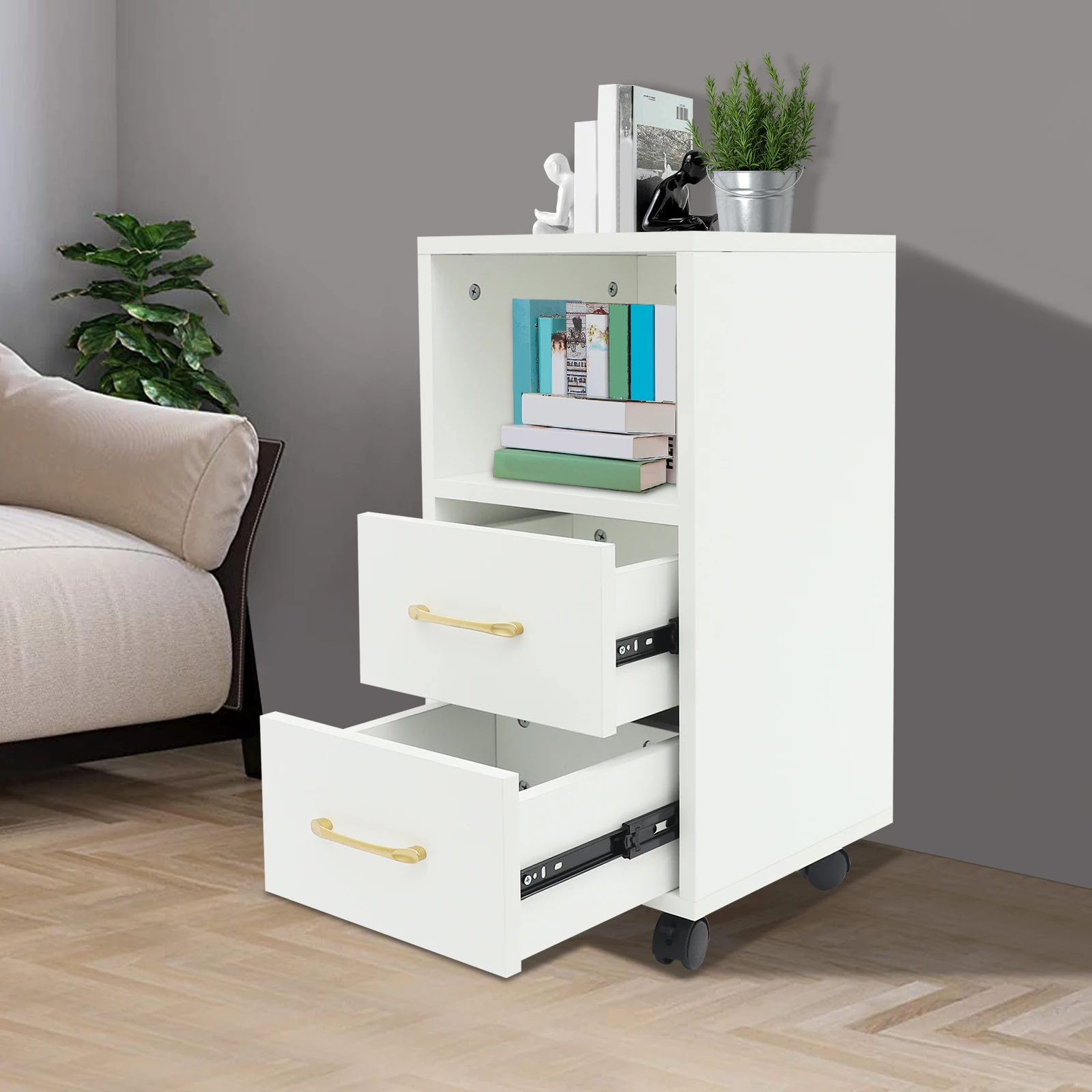 

White Wood-based Panel 30x30x60cm Side Table with Double-layer Storage Chest of Drawers and Movable Lockers