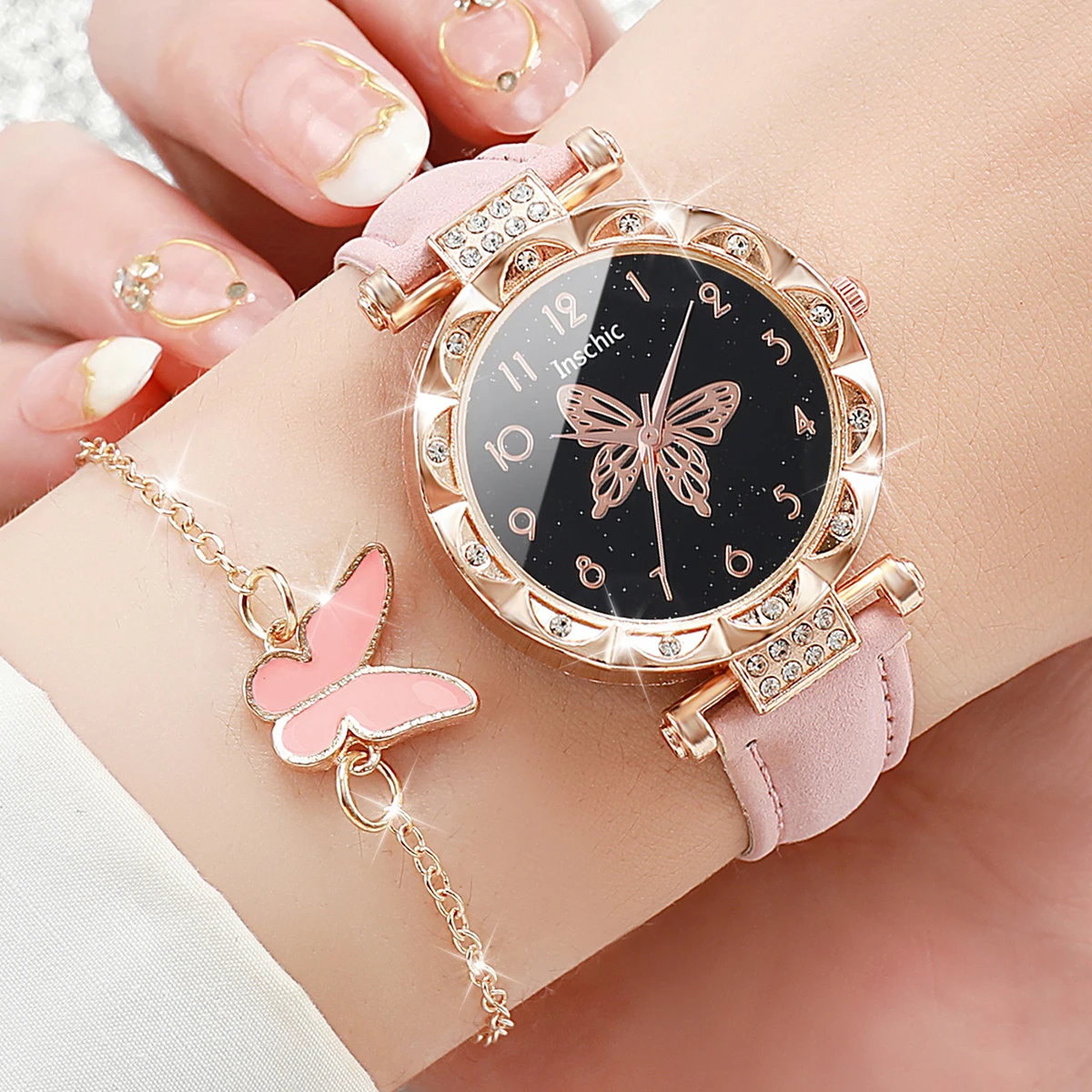 5PCS/Set Fashion Rhinestone Butterfly Women Watch Jewelry Set Female Leather Band Watch Ladies Clock（Without Box）