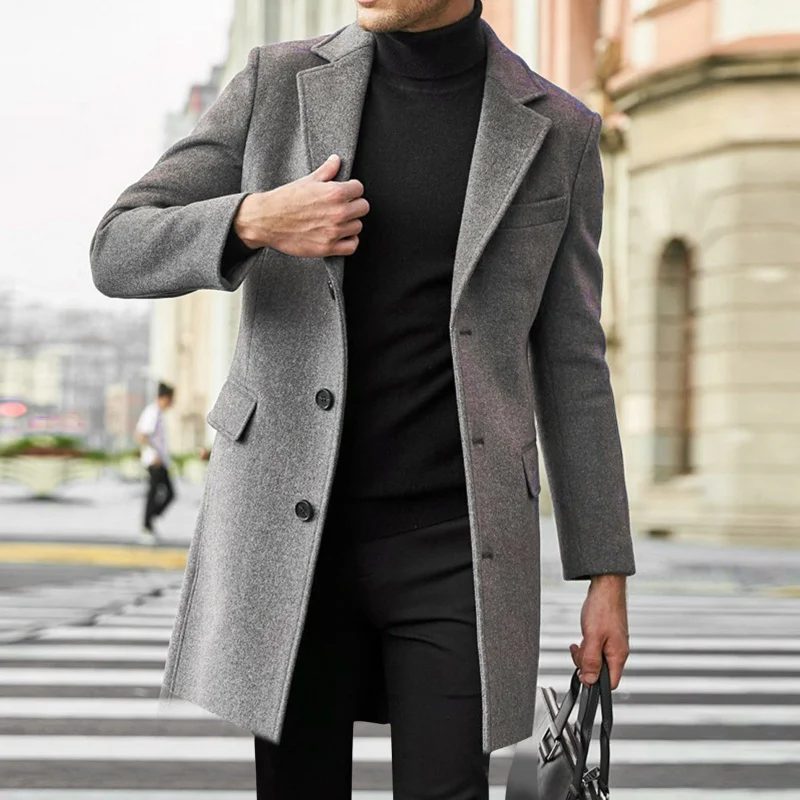 【Thickened European Code】Men's British Men Long-Sleeved Woolen Coat Autumn and Winter Woolen Coat Trendy Suit