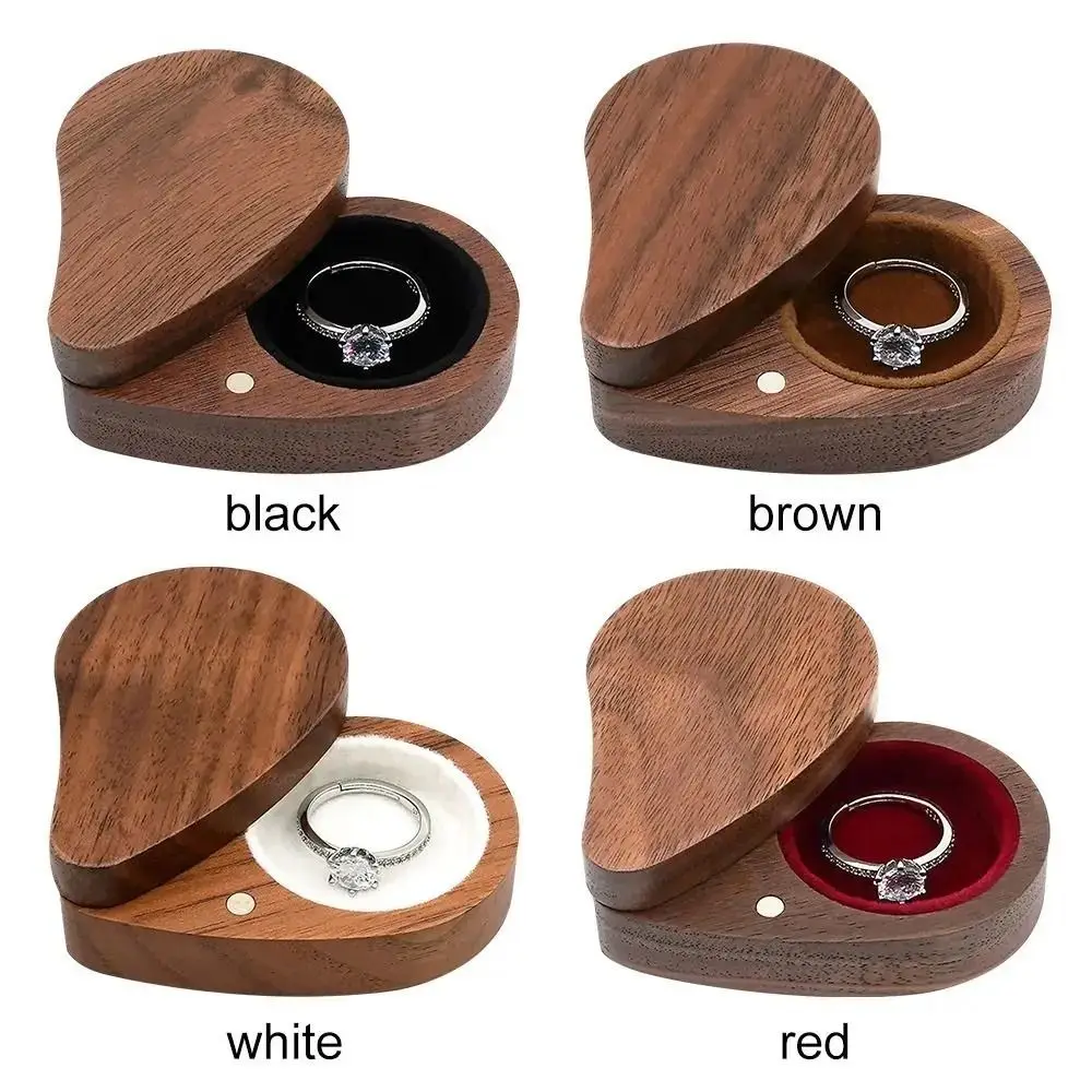 Heart Shape Engagement Ring Box Walnut Wood Magnetic Cover Earring Storage Box Durable Reusable Wooden Jewelry Box Ear Stud