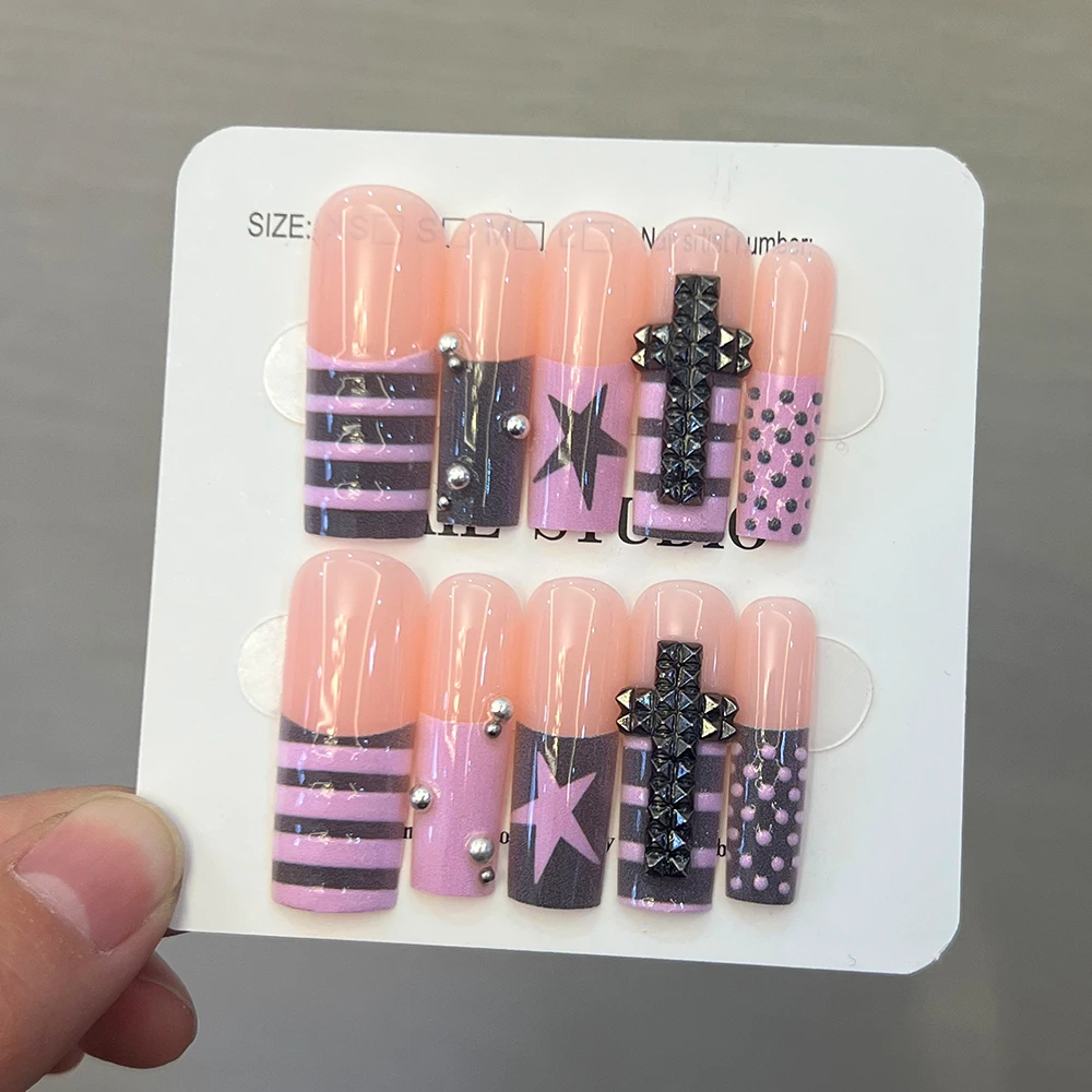 10-piece handcrafted Y2K-style rectangular 3D gel polka dot French manicure stickers, with star and pearl decorations included view 4