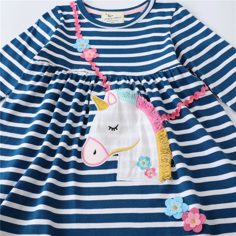 Jumping Meters Long Sleeve Princess Girls Dresses Unicorn Applique Stripe Baby Clothes Autumn Spring Kids Frocks Costume Dress