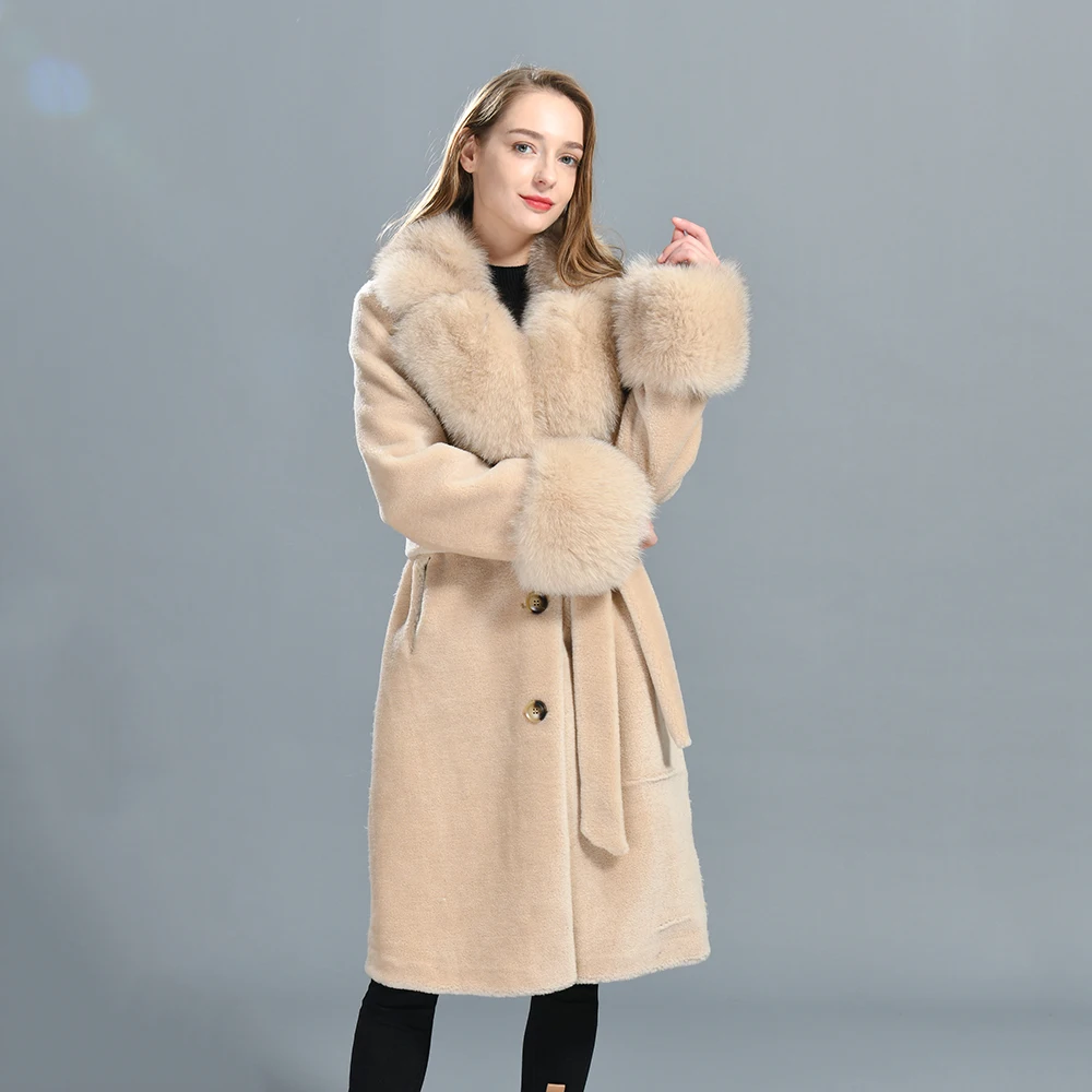 Jaxmonoy manteau en laine pour femme avec col et poignets en vraie fourrure de renard manteaux en fourrure d'agneau de style long monochrome chaud hiver nouveau dans les vêtements d'extérieur