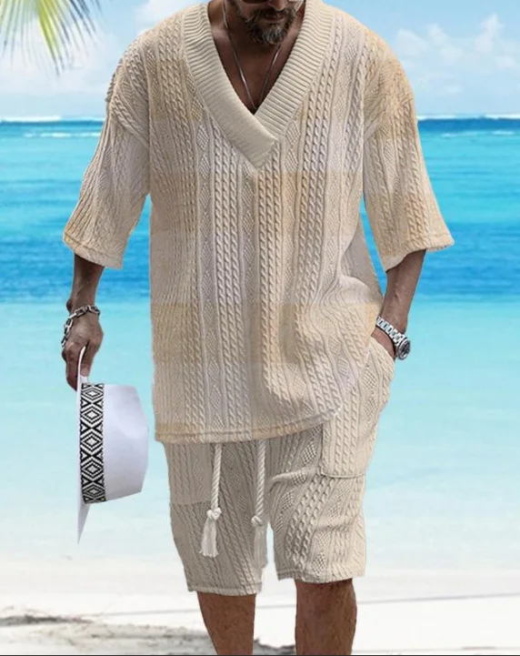 Urlaubsstil Herren Bedruckte 2-teilige Sets Sommer Mode V-Ausschnitt Jacquard Kurzarm & Shorts Sets Strukturierte Lose Freizeitoutfits – Detail 5