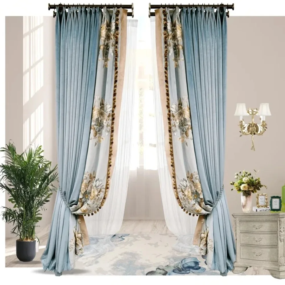 European Style High-end Luxury Embroidered Velvet Blue Retro Curtains For Living Room Bedroom Dining Villa Custom Size Drapes