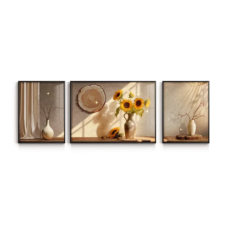 for Living Room Decorative Painting Cream Wabi Style 2023 New Sofa Background Wall Hanging Art High End Sunflower Triptych