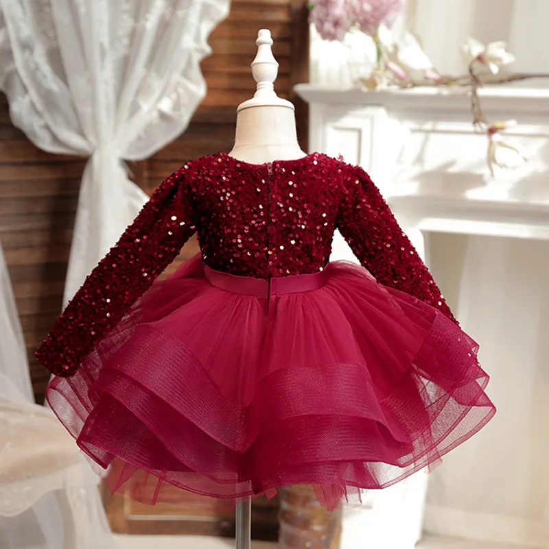 Hot Selling Girl's Birthday Party Show High-end Performance Dress Fluffy Gauze Long Sleeved Sequin Princess Dress