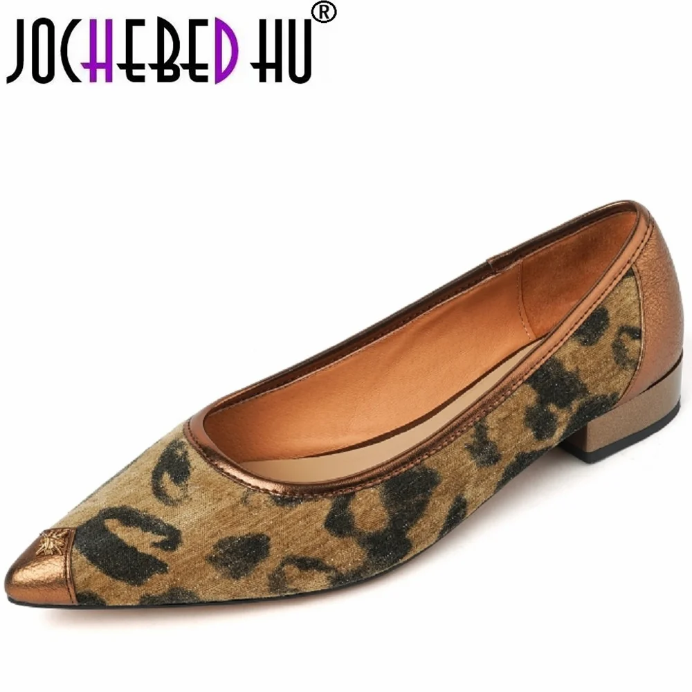 

【JOCHEBED HU】Leopard Women Handmade Shallow Flats Pointed Toe Spring Autumn Genuine Leather Leisure Lady Shoes 34-40