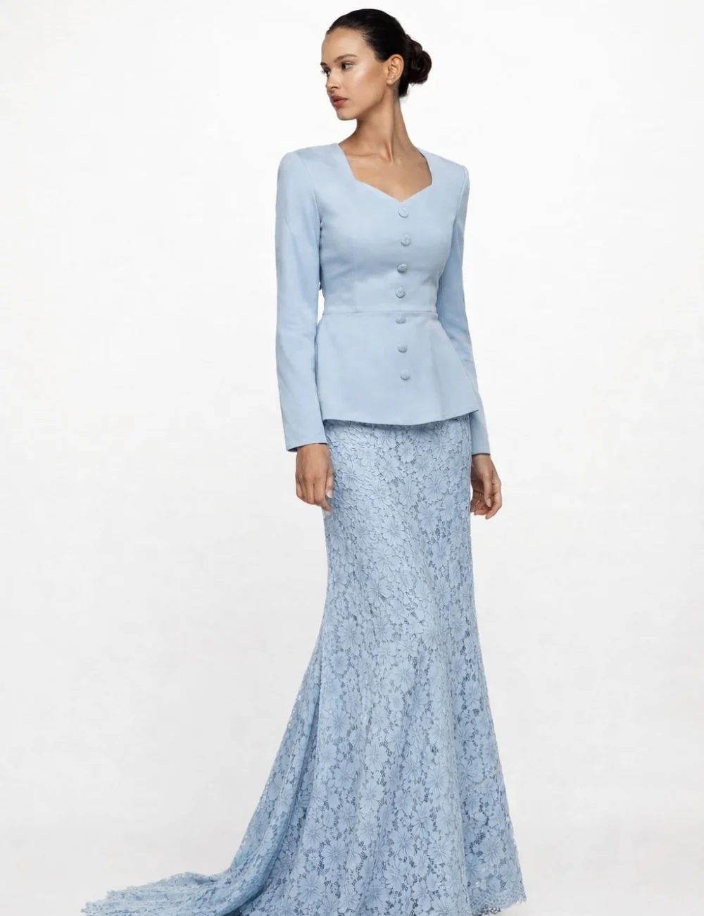 

Customized Sky Blue Jersey Lace Button Mermaid Square Neck Floor-Length Evening Dresses Chinese Style High Quality