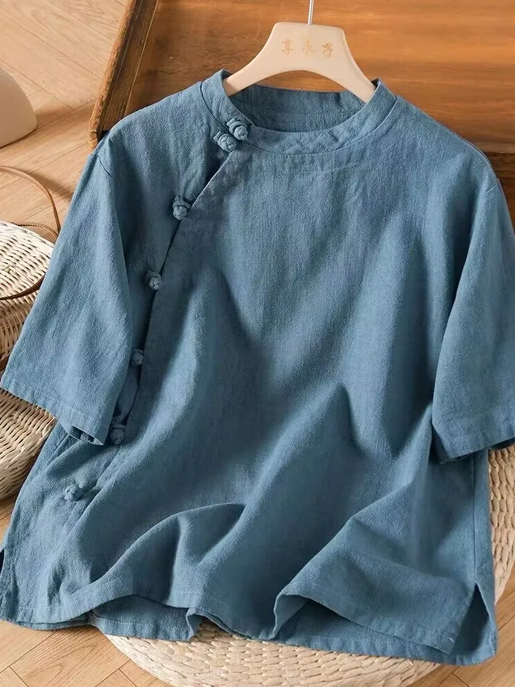 

New Chinese Sle Zen Cotton Linen ort Sve irt Women Summer Retro Casual National Sle Oblique Collar Buttoned Split Top