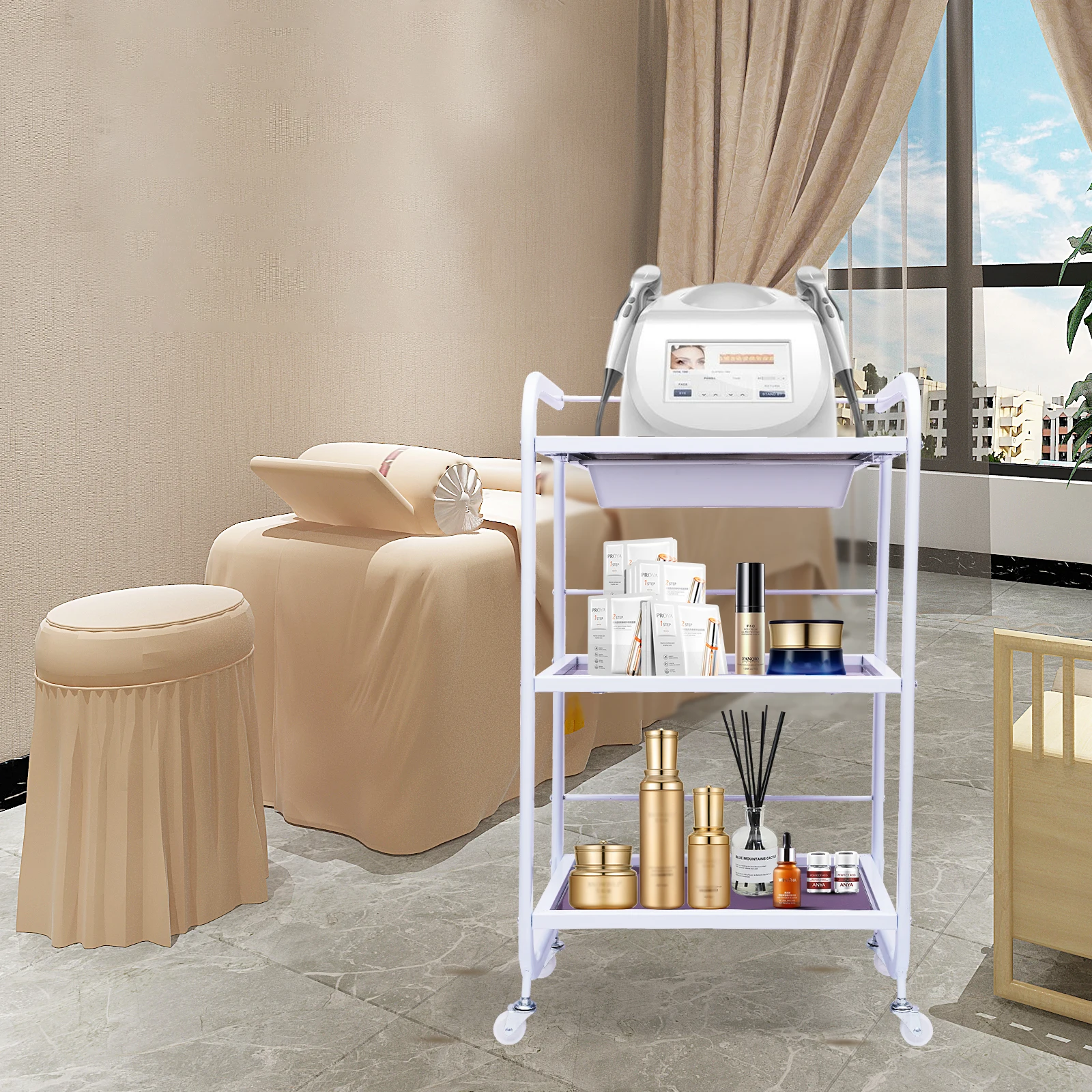 Meal Salon Trolley Rolling Cart Frame Storage Shelf Wheelcart with 3-Tiers and 1 Drawer White for Spa  Salon and Hairdresser