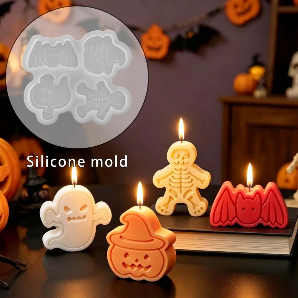4 Cavity Halloween Candle Mold Ghost/Skull/Bat/Pumpkin Shaped Soft 3D Candle Mold Handmade Creative Halloween Silicone Mold