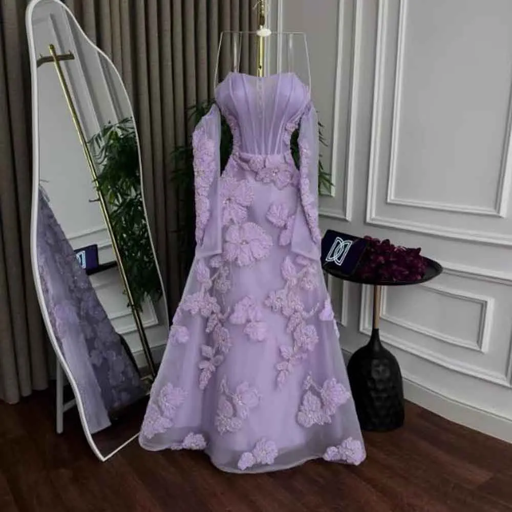 カスタム刺繍レースイブニングドレス オフショルダー フルスリーブ ウェディングゲストドレス Aライン コルセット ロブドソワレ