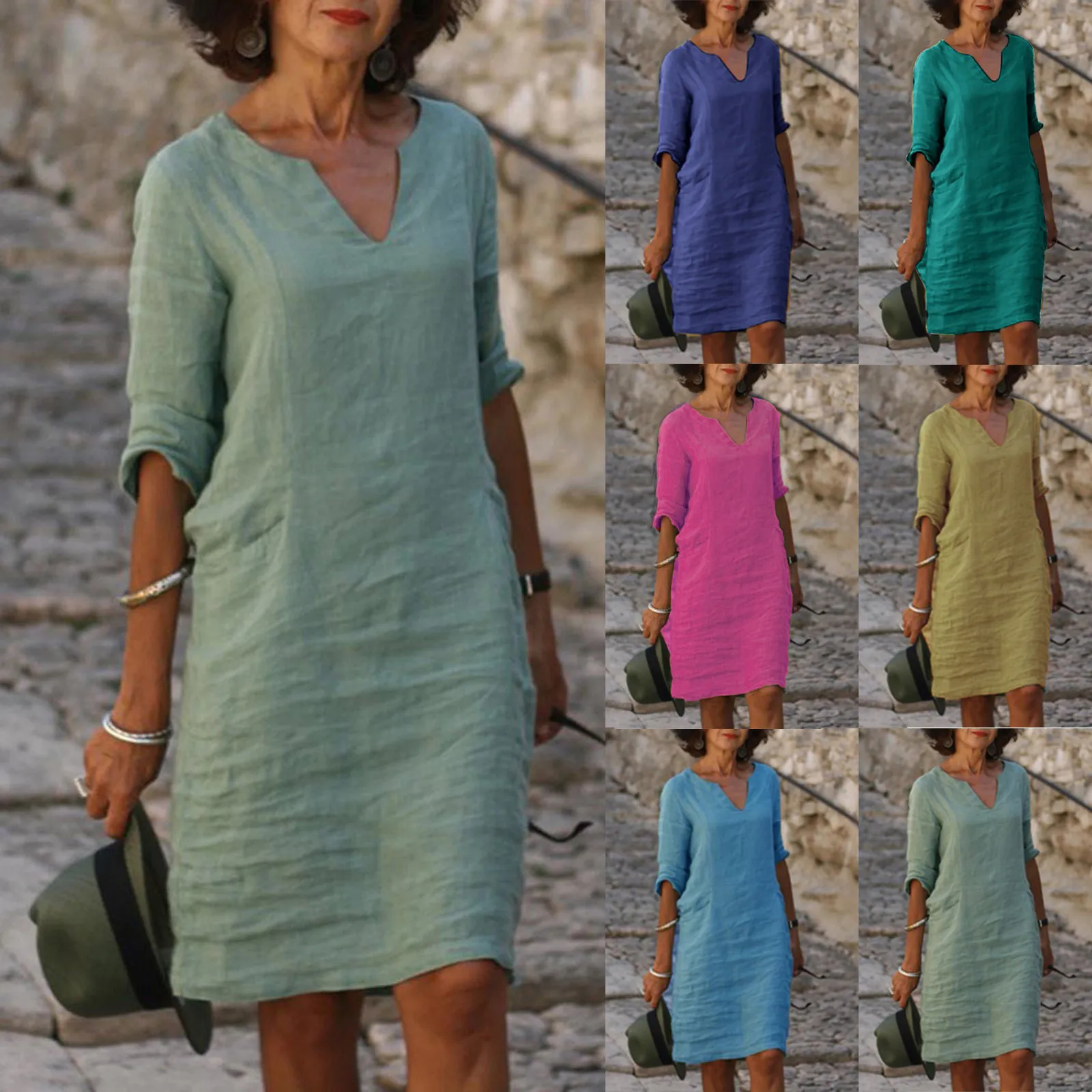 Solid Color Women Cotton Linen T Shirt Dress Casual Half Sleeve Straight Midi Dresses Simple Style Pullover Robe Sundress