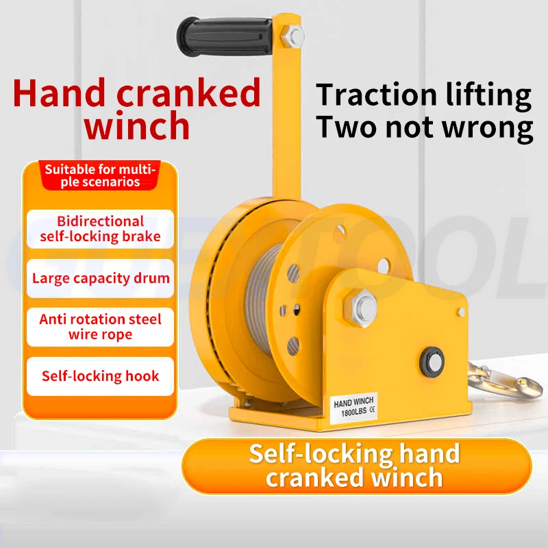 Hand Cranked Winch Self Locking Lifting Carry Windlass Manual Traction Hoist 1200 Pound Small Capstan Construction Carry Tools