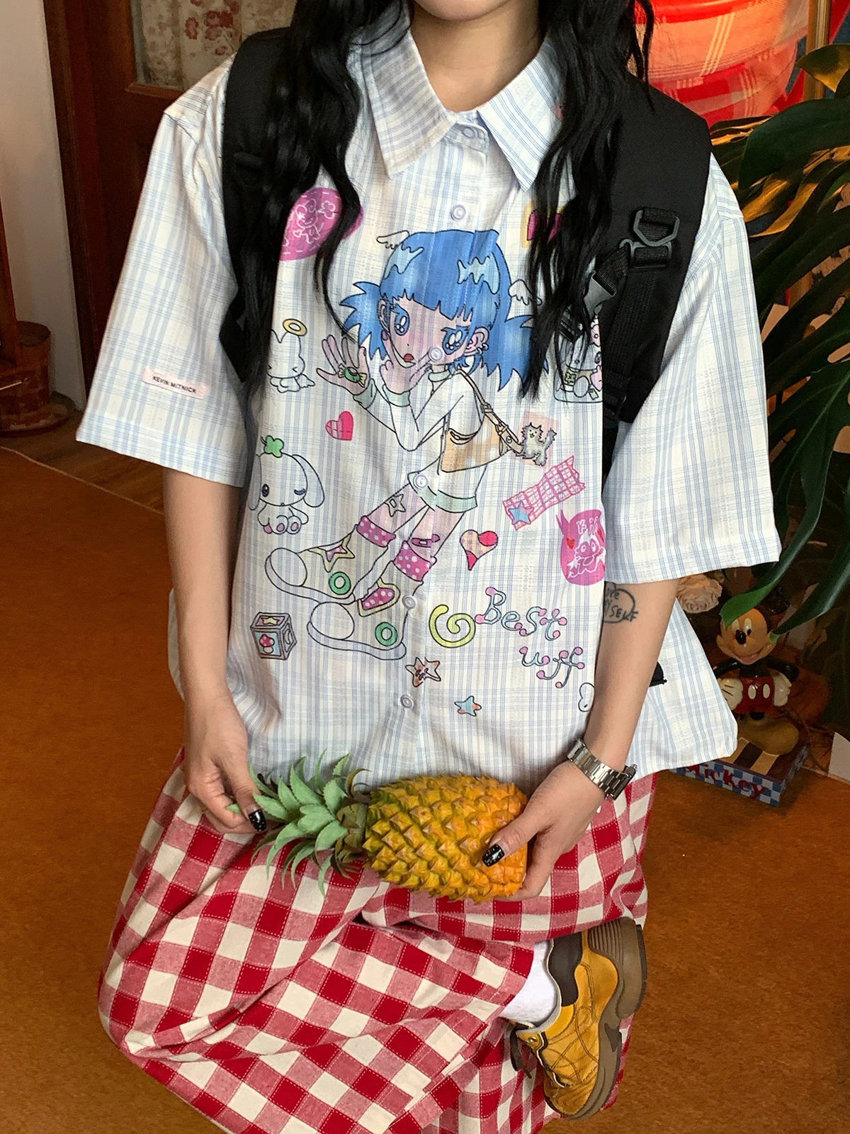 

Anime Graffiti Short Sleeve Plaid Shirt Women Loose Retro Style Top Summer New Arrival Breathable Comfortable Skin-Friendly