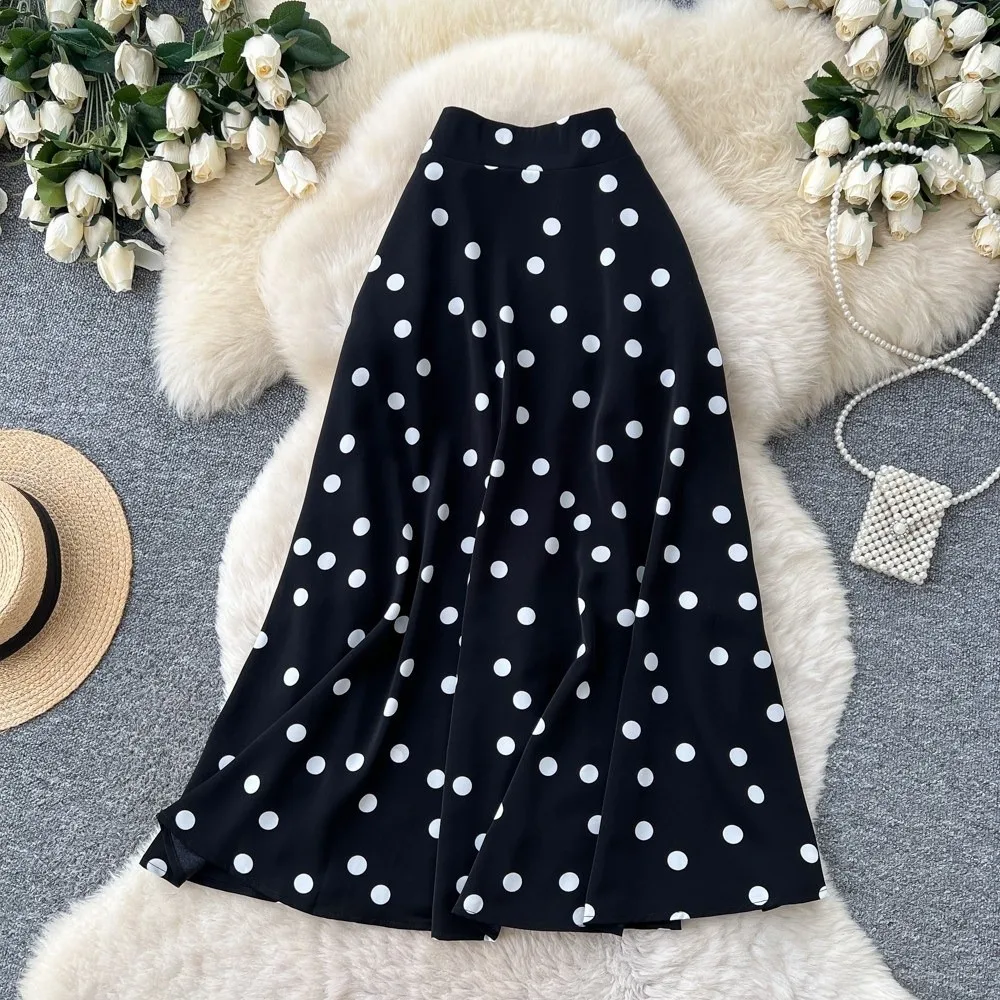 Elegant Elastic Waist Polka Dot Skirt Slim Fit Splicing Design A-Line Skirt Pleated Summer Half-length Dress Vacation