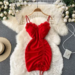 Sexy Women Spaghetti Strap V-neck Mini Party Dress Fashion Summer Sleeveless High Waist Drawstring Ruched Bodycon Club Outfits