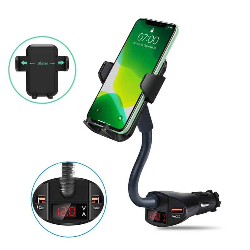 Mobile Phone In-car Live Broadcast Holder Portable Metal Soft Pole Foldable Dual USB Travel Charging Mobile Phone Holder 2024