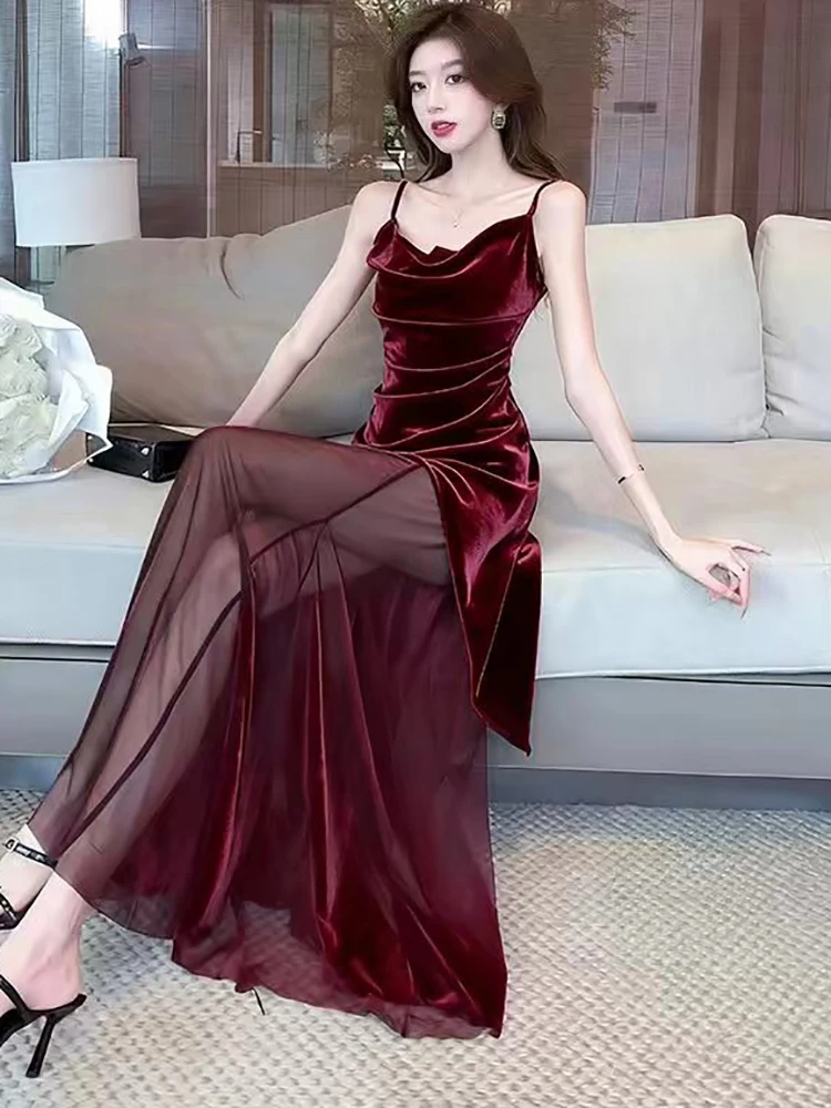 المرأة الأرجواني المخملية المرقعة شبكة شير مثير فستان طويل الخريف أنيقة شيك فستان بكتافة 2025 الكورية خمر فستان سهرة فاخر