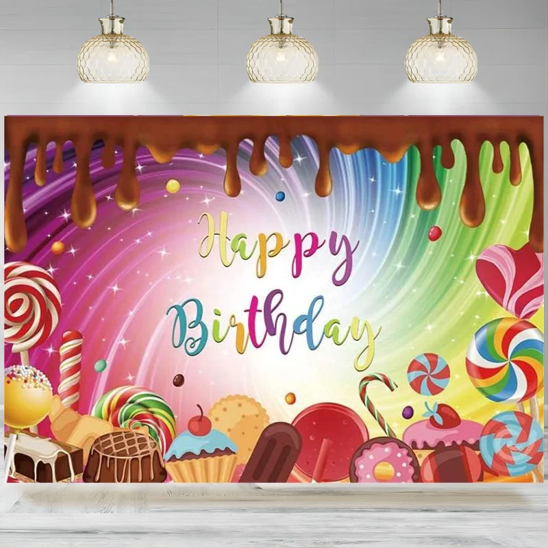 Birthday Backdrop Sweet Candy Photography Background Chocolate Lollipop Candyland Girls 1st Birthday Party Cake Table Banner