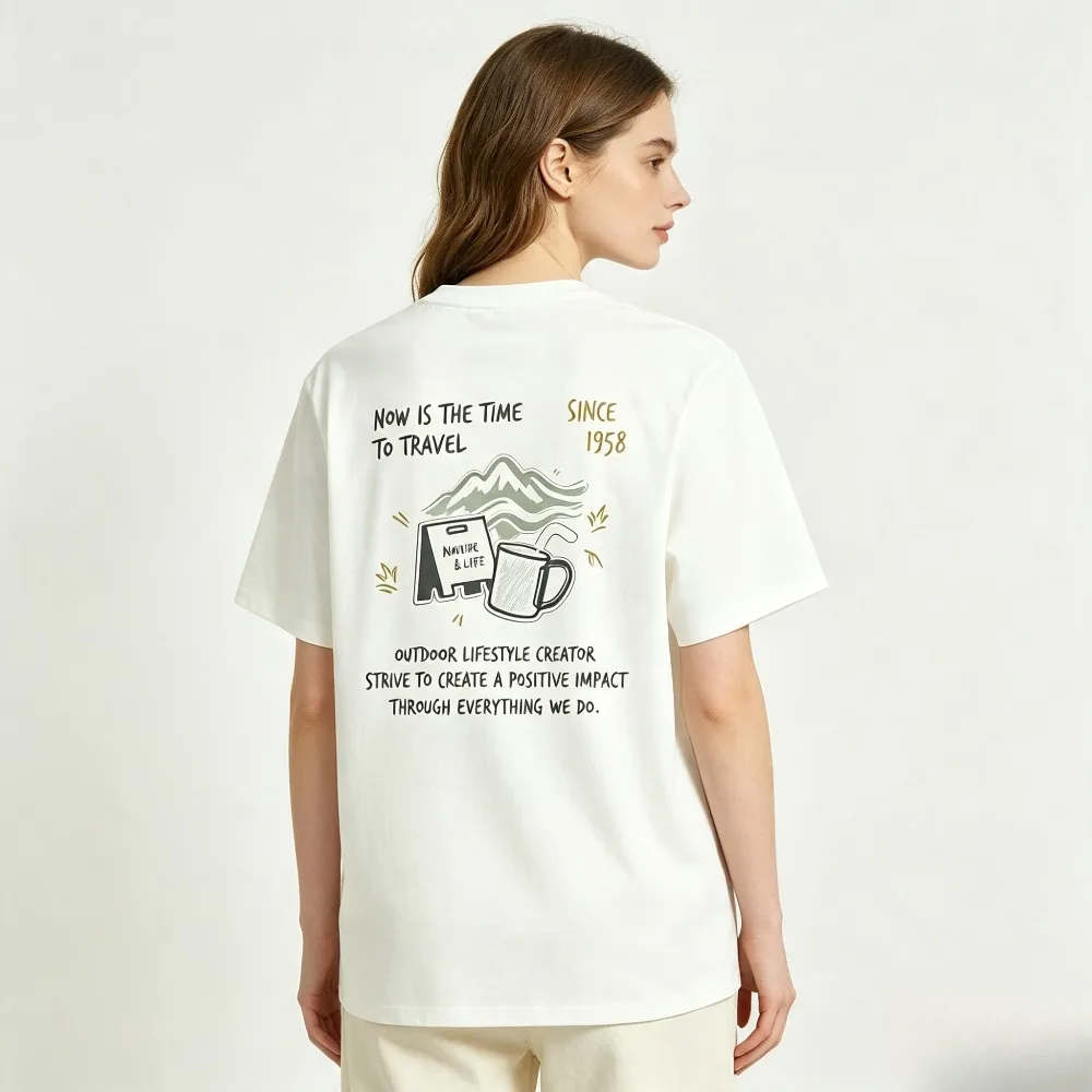 Women T-Shirt Back Print Mountain Camping Cup Letter Graphic Short Sleeve Outdoor Casual Summer Tops