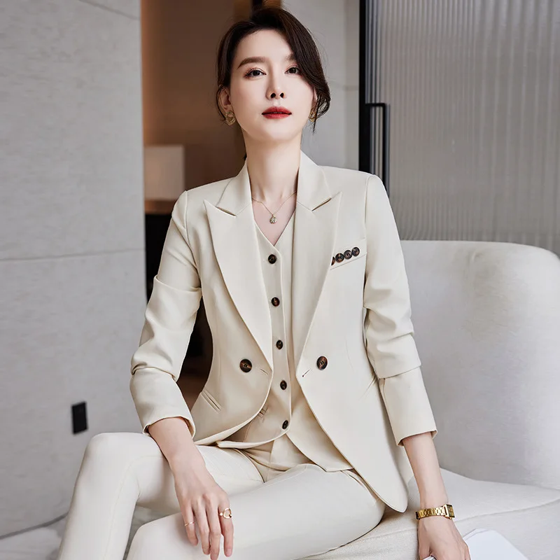 Navy Blue Suit Women's Business Wear Fall Winter Fashion High Sense Elegant Business Suit Vest Three-Piece Work Clothes