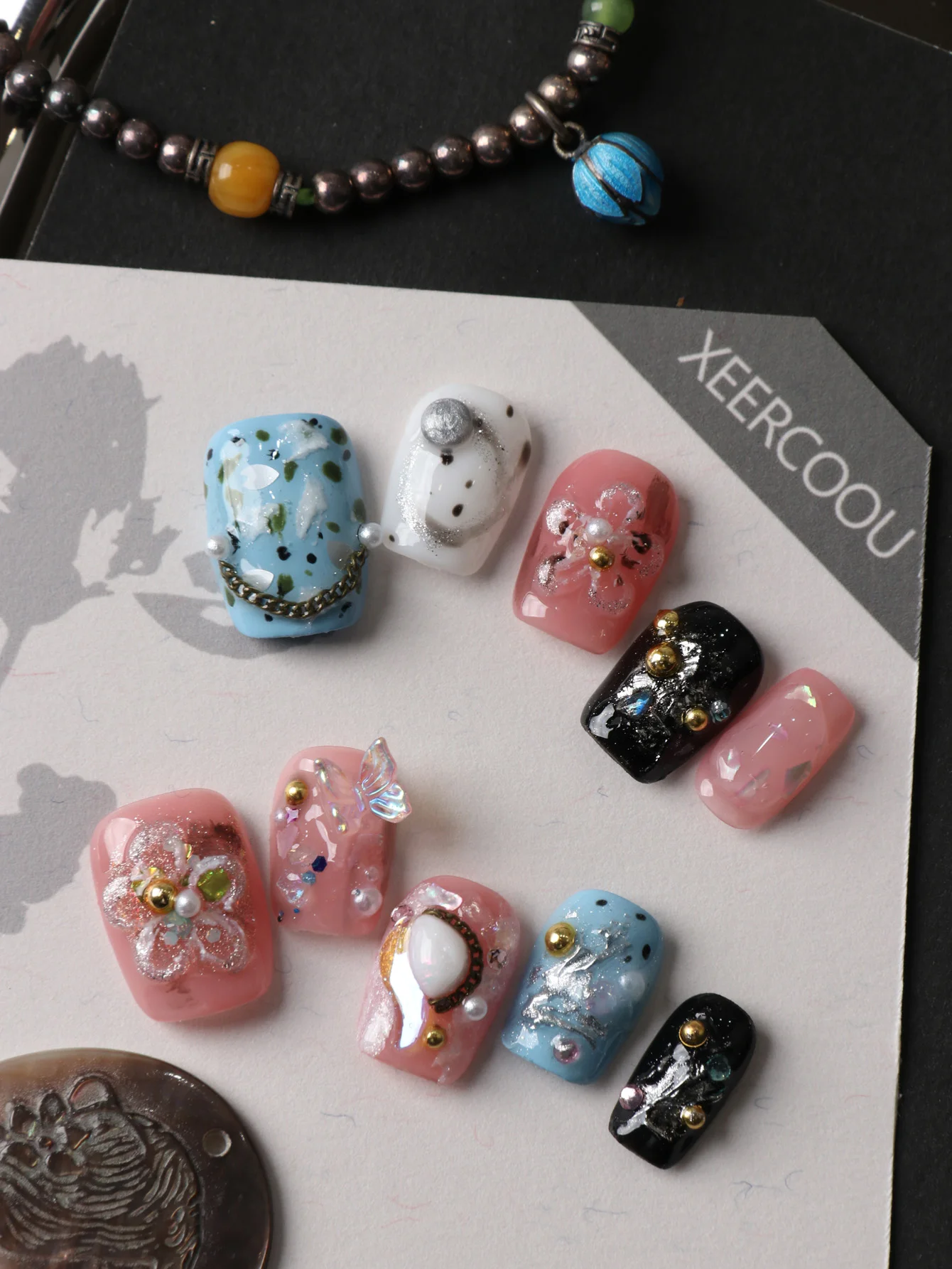 10Pcs Press on Nails Short Blue Red Flower Butterfly Press on Fake Nails Includes 1 Sheet of Adhesive Tabs & 1 Pc Mini File