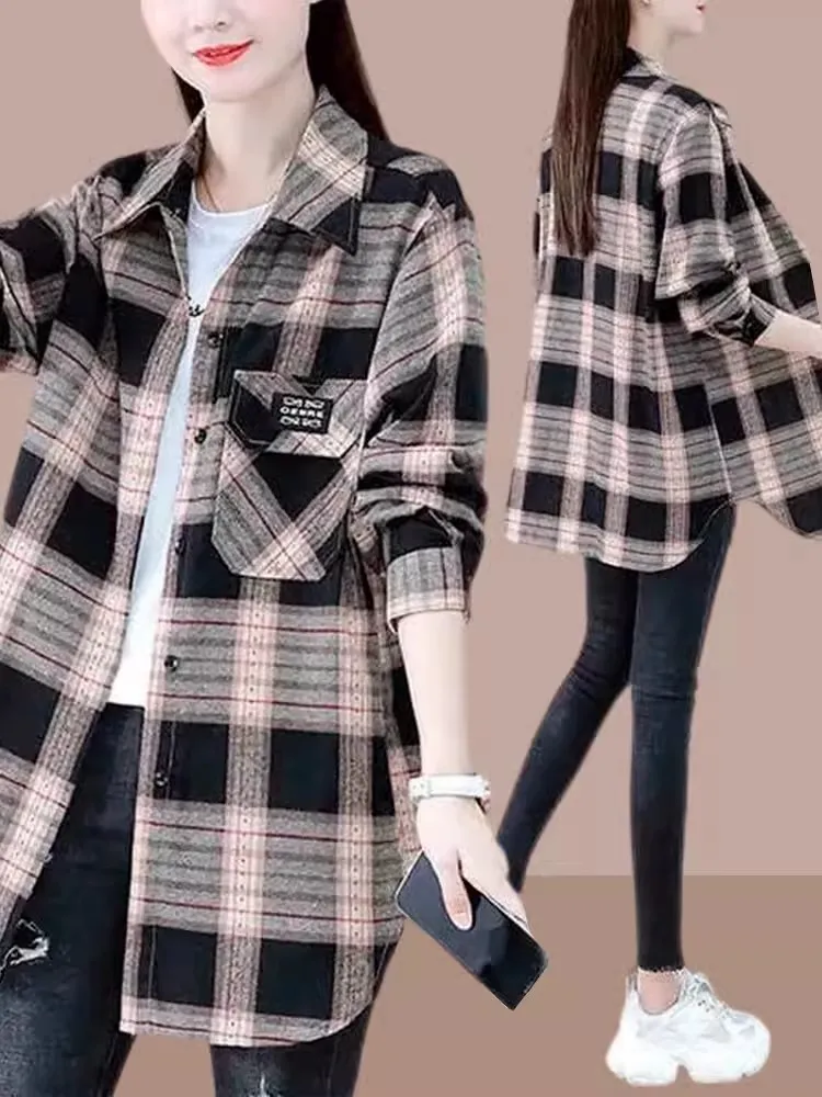 

Женская модная рубашка-пальто в клетку большого размера с длинным рукавом, весна-осень, новый стиль, высококачественный материал, дизайн с пуговицами