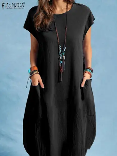 ZANZEA-vestido veraniego liso de manga corta Vintage de gran tamaño para mujer, vestido hasta la rodilla de verano, Vestidos informales sueltos de algodón, Vestidos de playa