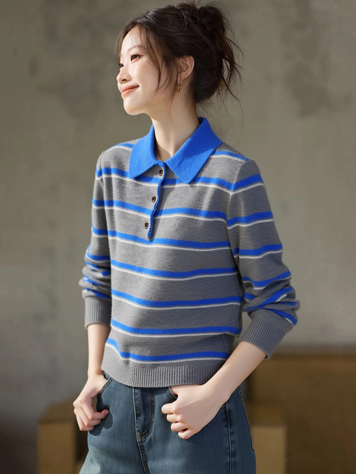겨울 니트웨어 스웨터 브이넥 긴 소매 스트라이프 버튼업 슬림 빈티지 스타일 대학 패션 탑 젊은 여성용