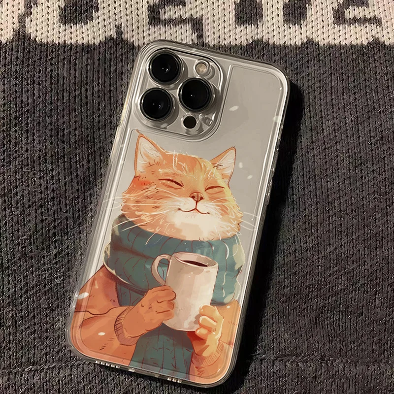 Cat With Cup of Tea Phone Case For iPhone 16 15 14 13 12 11 Pro XS MAX 7 XR 8 7 Plus Clear Cover Fundas