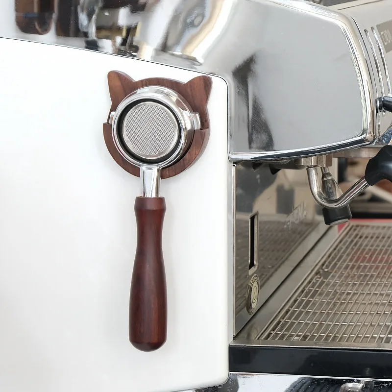 Wood Coffee Portafilter Wall Mount Holder Walnut Cute Cat Shape No Drilling Storage Rack