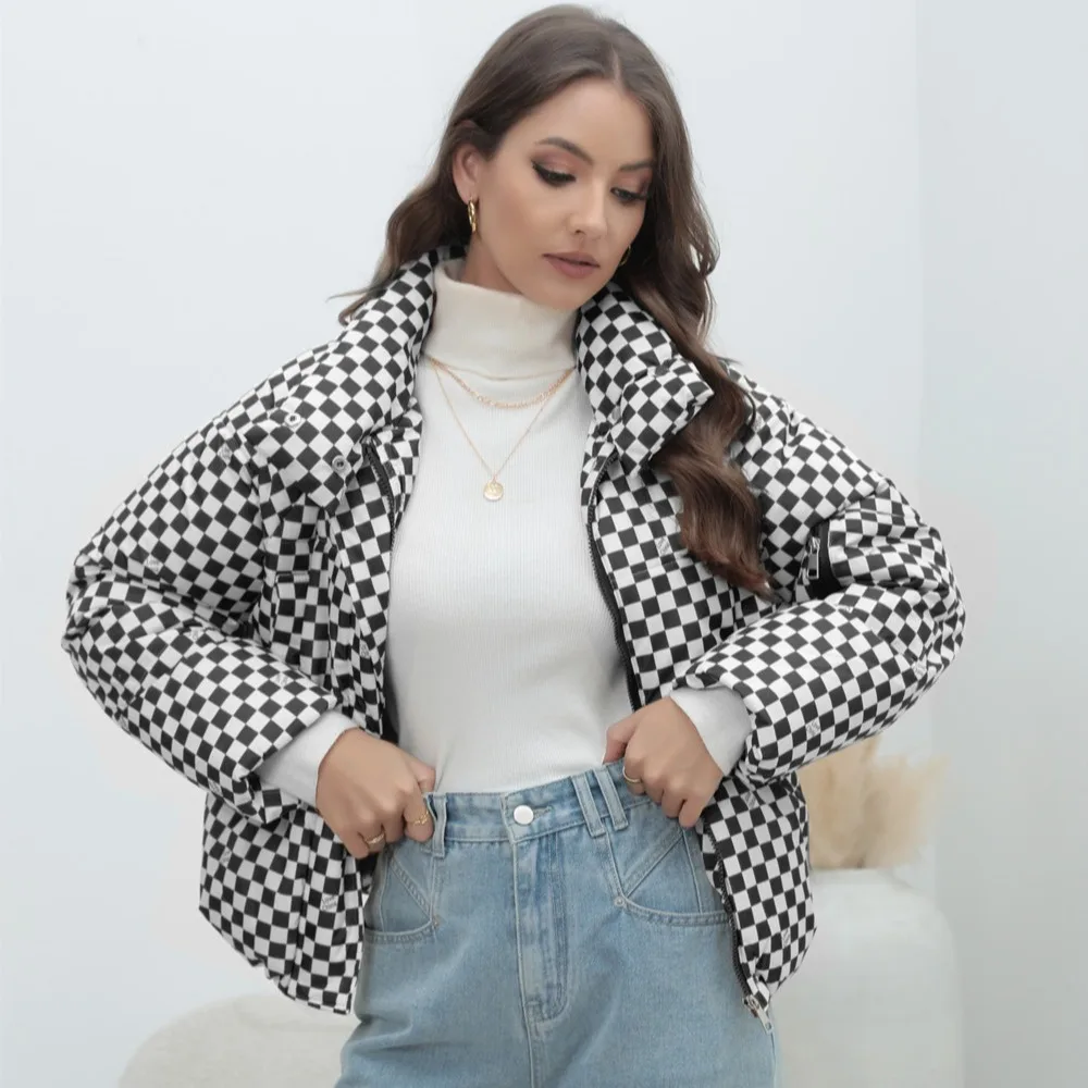 2025 Plus Size Checkered Puffer Coat Warm Quilted Hooded Parka Stand Collar Patch Pockets Windproof Loose Fit Winter Jacket