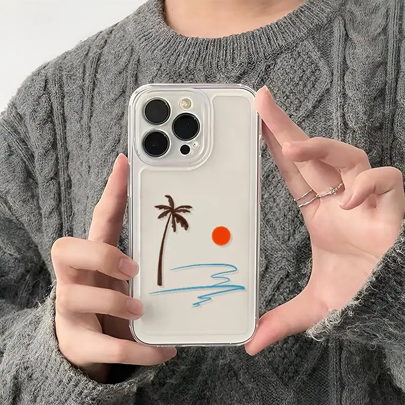Transparent Red Sun Coconut Tree Wave Phone Case For IPhone 16 15 14 13 12 11 PROMAX XSXR 7 8 Plus Soft Silcone Phone Case Cover