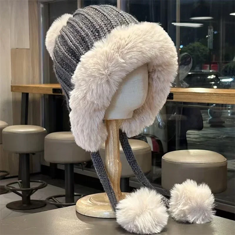 Fashion Wool Knitted Hairball Hat for Women Winter Cute Earflap Ski Cap Female Thicken Warm Hat Fluzzy Plush Pompom Russain Hat 2