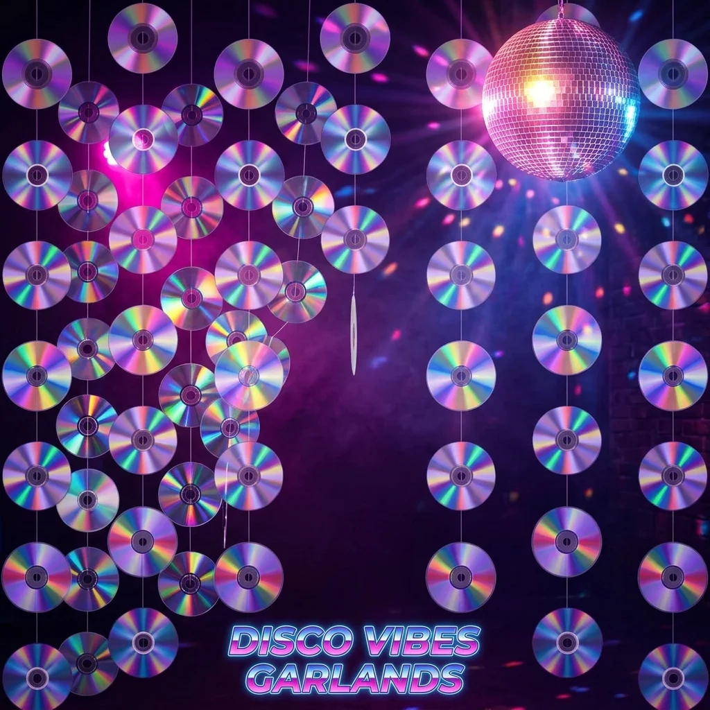 Disco Party Decorations Holographic CD Record Hanging Garland Backdrop description 4