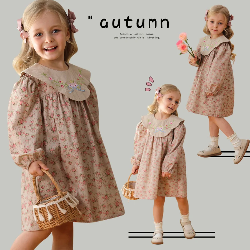 2024Autumn Girls Vintage Floral Doll Collar Flowers Embroidery Sweet Children Princess Dress