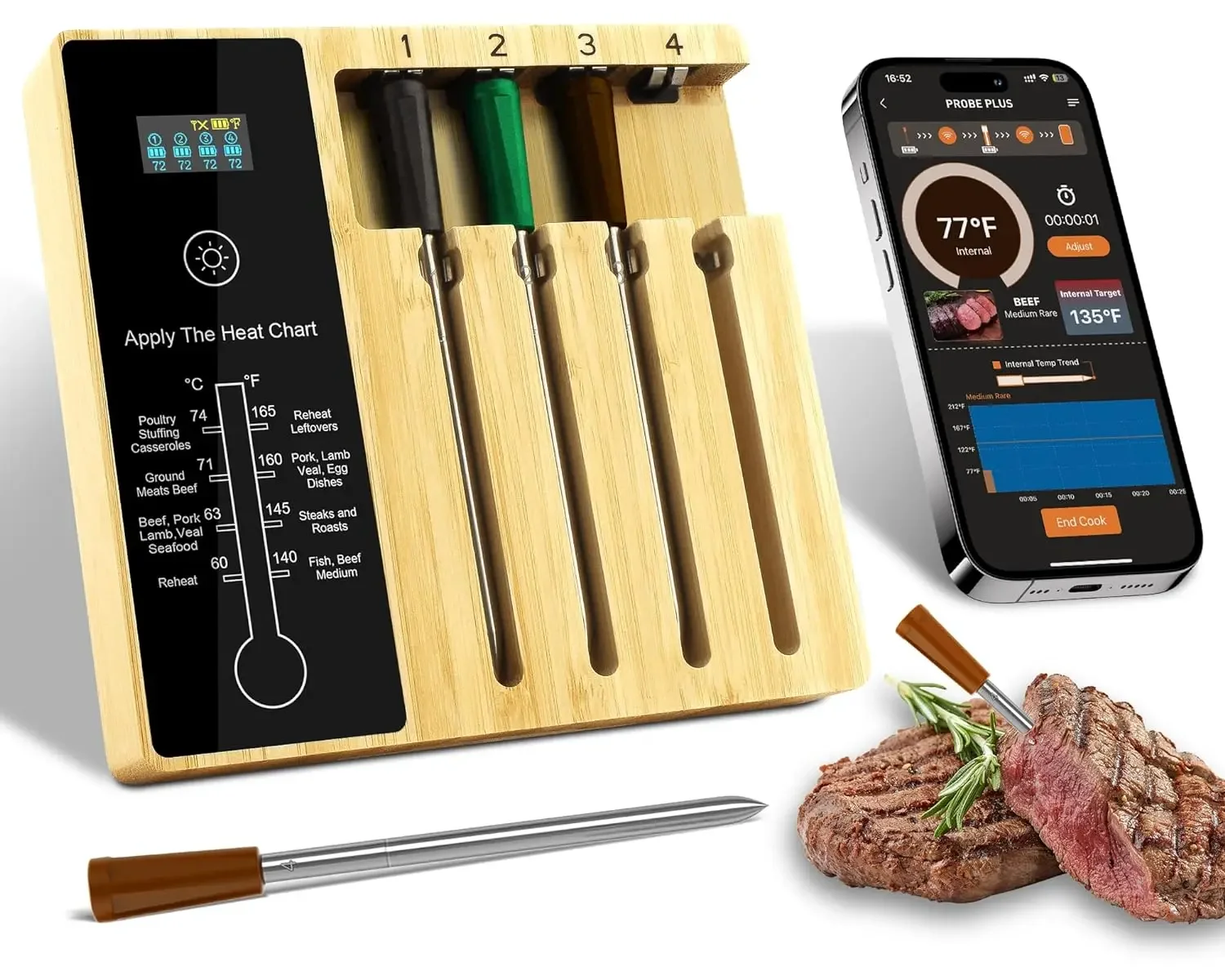 

4 Probes 400FT Bluetooth Wireless Meat food thermometer Digital with LCD Display for Grill Oven Kitchen, Smoker & Rotisserie