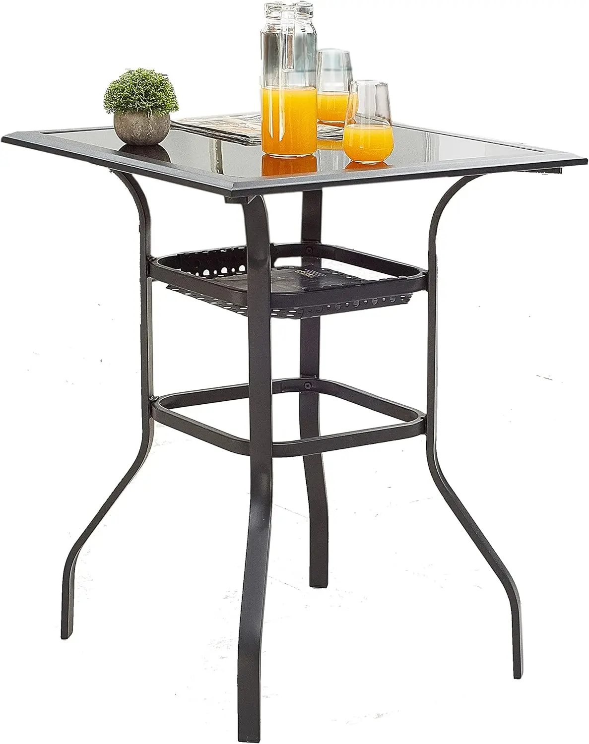 High Outdoor Patio Bar Height Glass Top Table, Black