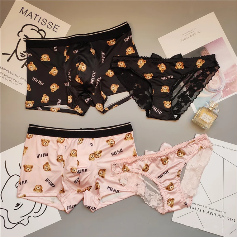 New Couple Panties Set Bear Print Cartoon Printing Underwear Fashion Sexy Lace Ice Silk Fabric Triangle Low Waist Underwear