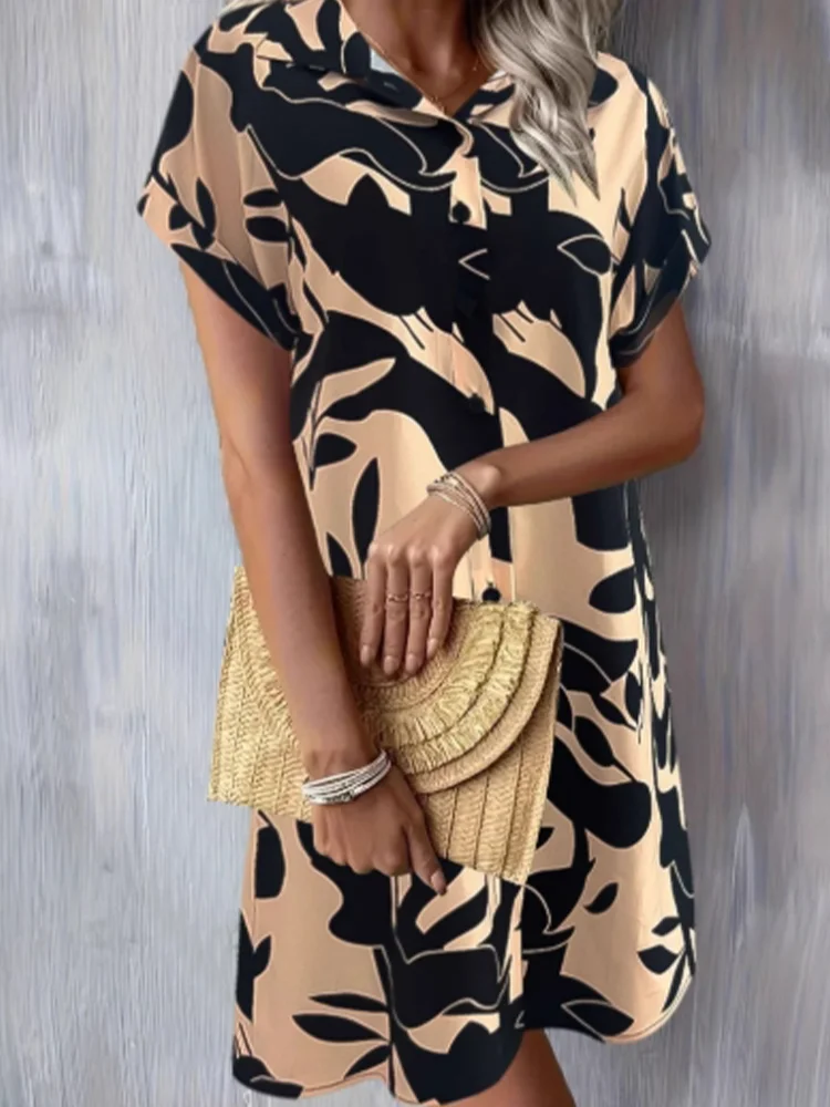 

Lapel Button Short Sleeved Geometric Print Women's Dress Dating Vacation Elegant Commuting Style Summer Dresses