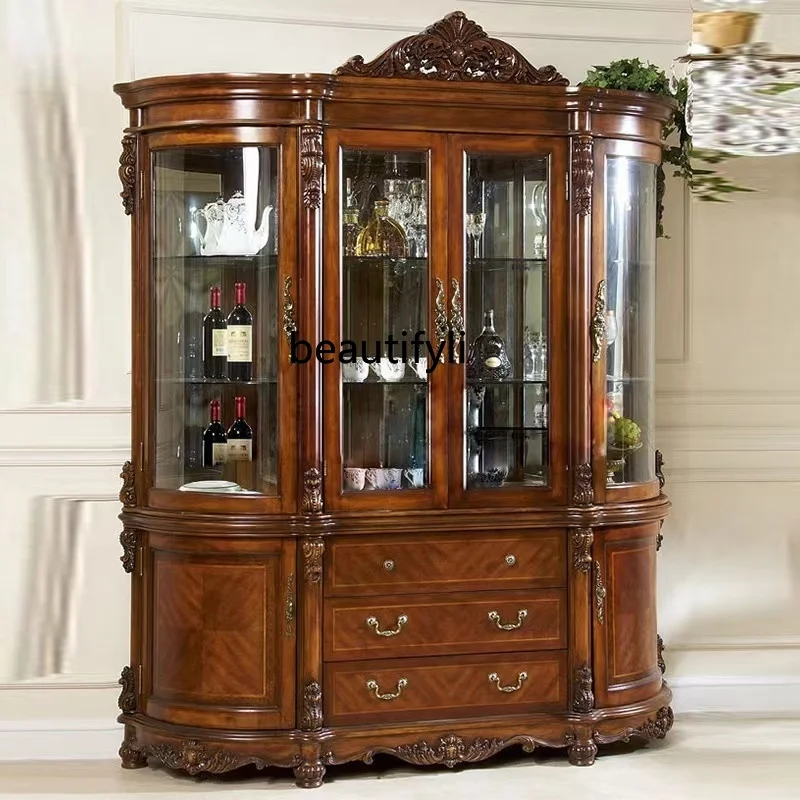 Solid Wood Large Apartment Villa Living Room Display Wine Cabinet Four-Door American Retro Wine Cabinet against the Wall