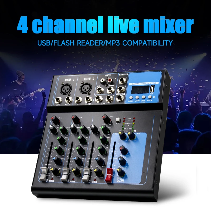 

4 Channel 99 DSP Audio Mixer 48V Phantom Power USB Studio Sound Mixers Bluetooth DJ Console Mixing for Karaok