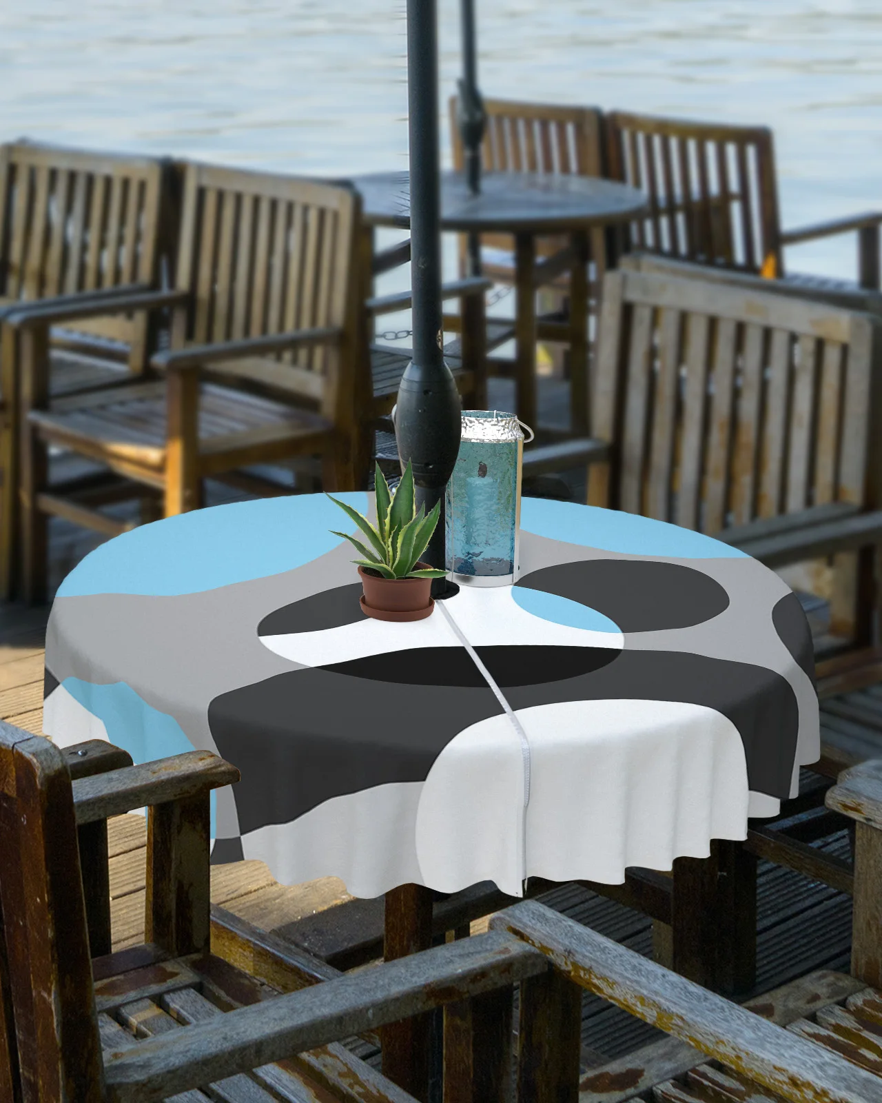 Geometric Figures Sky Blue Grey Outdoor Tablecloth with Umbrella Hole Zippered Waterproof Picnic Patio Round Table Cover