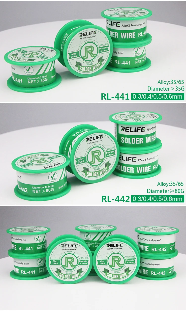 RELIFE-Solder Wire, RL-441, 0 Low Melting Point Easy Soldering Tin, Medium Temperature Activity, 55g, 0.5mm, 0.6mm