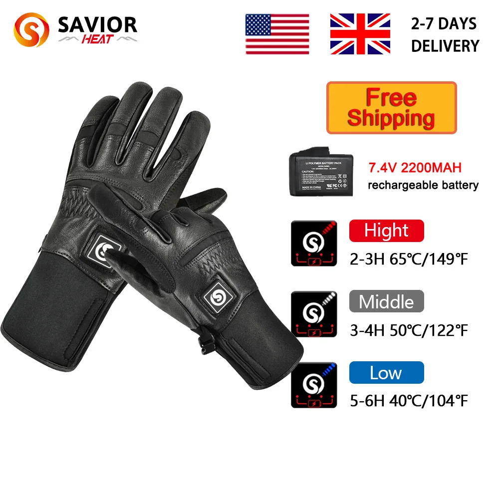 SAVIOR HEAT Winter Electric Heated Gloves Warm Men Women Sheepskin Leather Waterproof Rechargeable Battery Warm Hand Ski Gloves