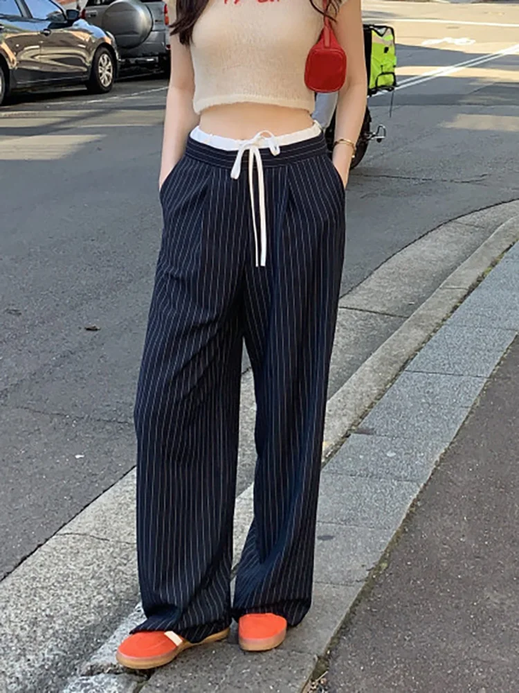 سراويل كلاسيكية مخططة مرقعة عالية الخصر برباط علوي موضة مستقيمة بنطلونات نسائية غير رسمية واسعة الساق فضفاضة Spodnie #6