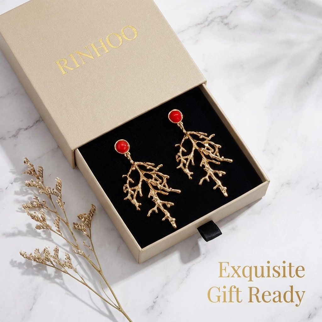 Boho Goldfarbene Korallenzweig-Ohrringe für Frauen Elegante 3D-Strukturierte Rote Akzente Hängeohrringe Sommer Künstlerischer Schmuck Geschenk – Detail 5